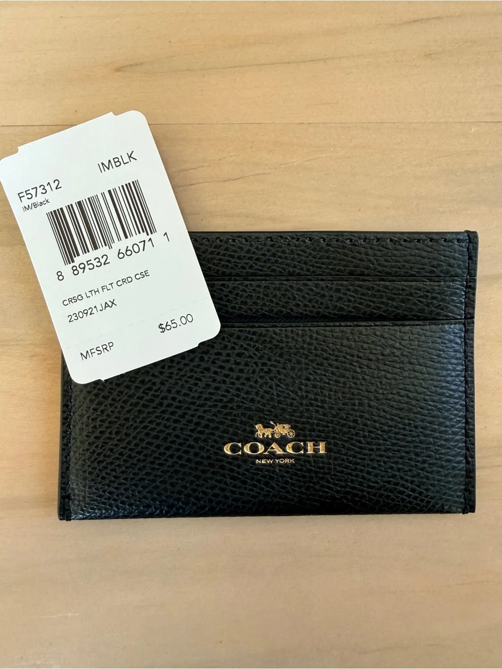 NWT Coach Black Crossgrain Leather Flat Card Case Slim Wallet Minimalist F57312